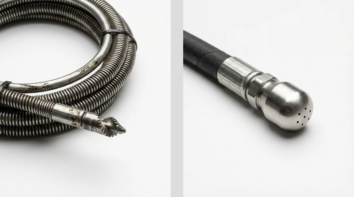 Drain snake cable and hydro jetting nozzle used for drain cleaning in Roseville, CA
