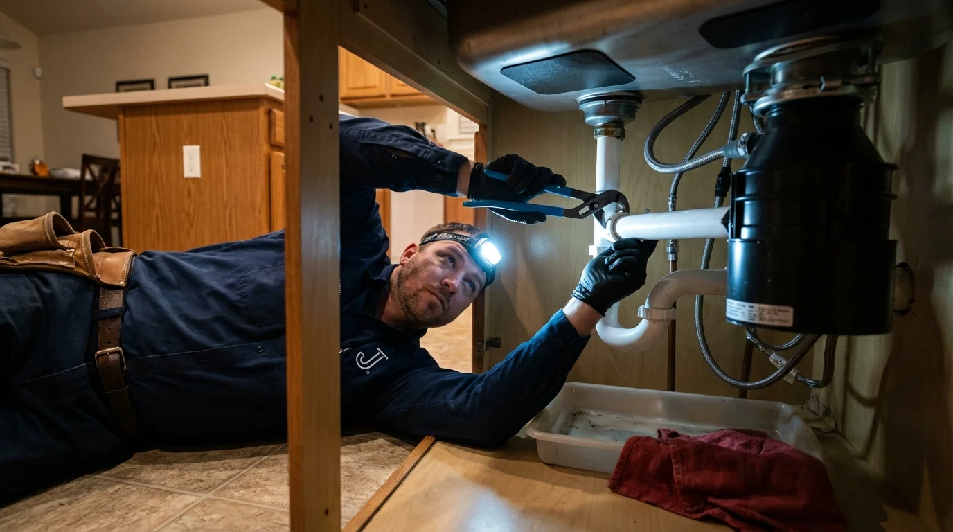 P-trap and supply line connections under a kitchen sink showing a common leak point in Roseville, CA